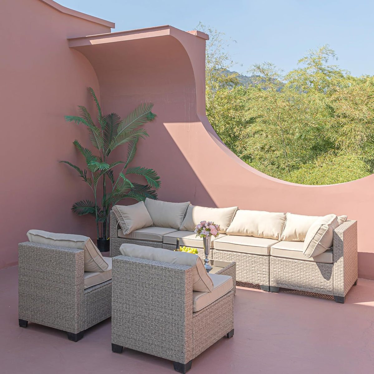 Beige 7-Piece Patio Sectional Sofa with Grey Cushions J7007