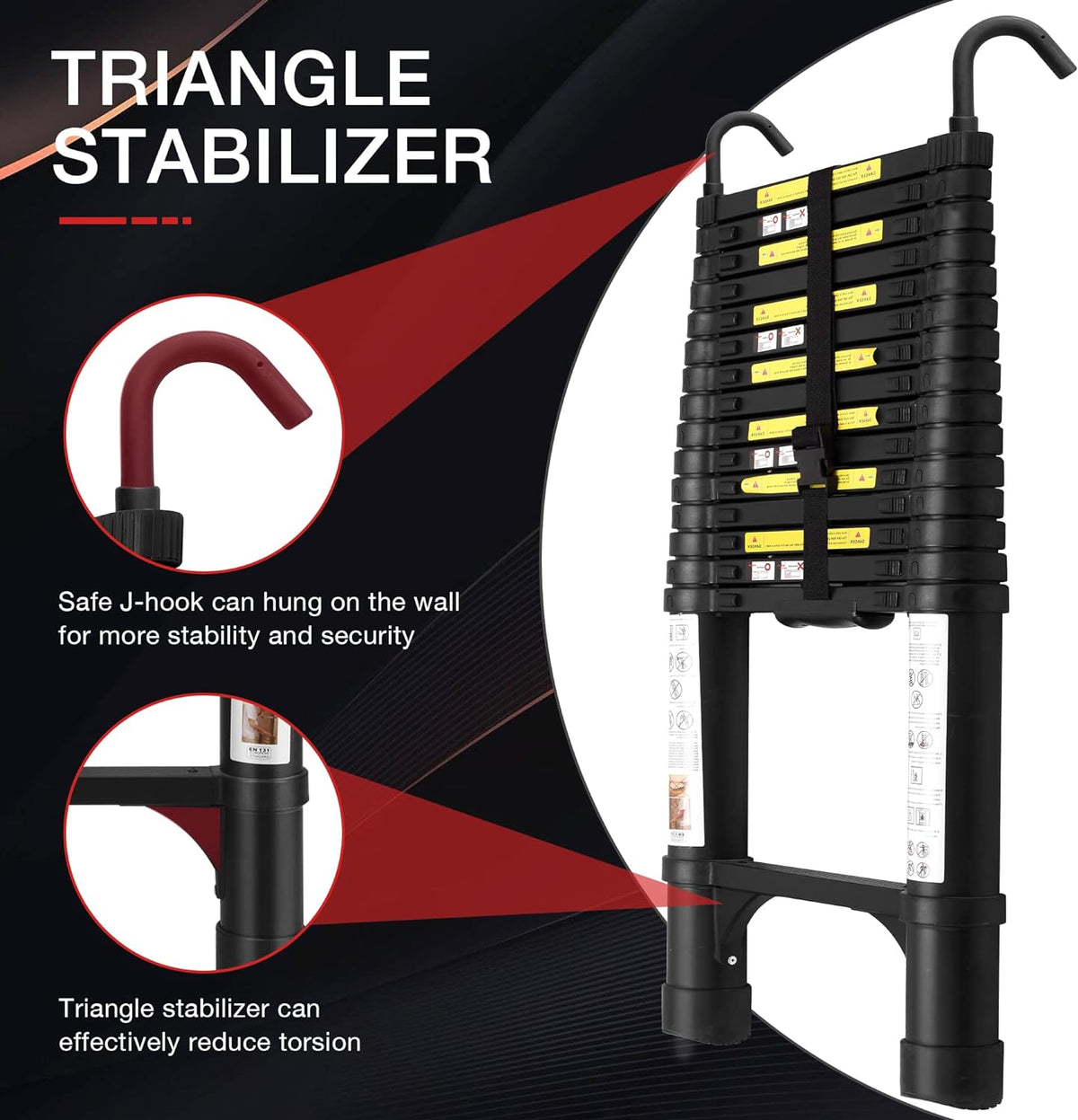 Telescoping Ladder 10.5 FT Aluminum with 2 Detachable Roof Hooks and 2 Triangle Stabilizers C43189