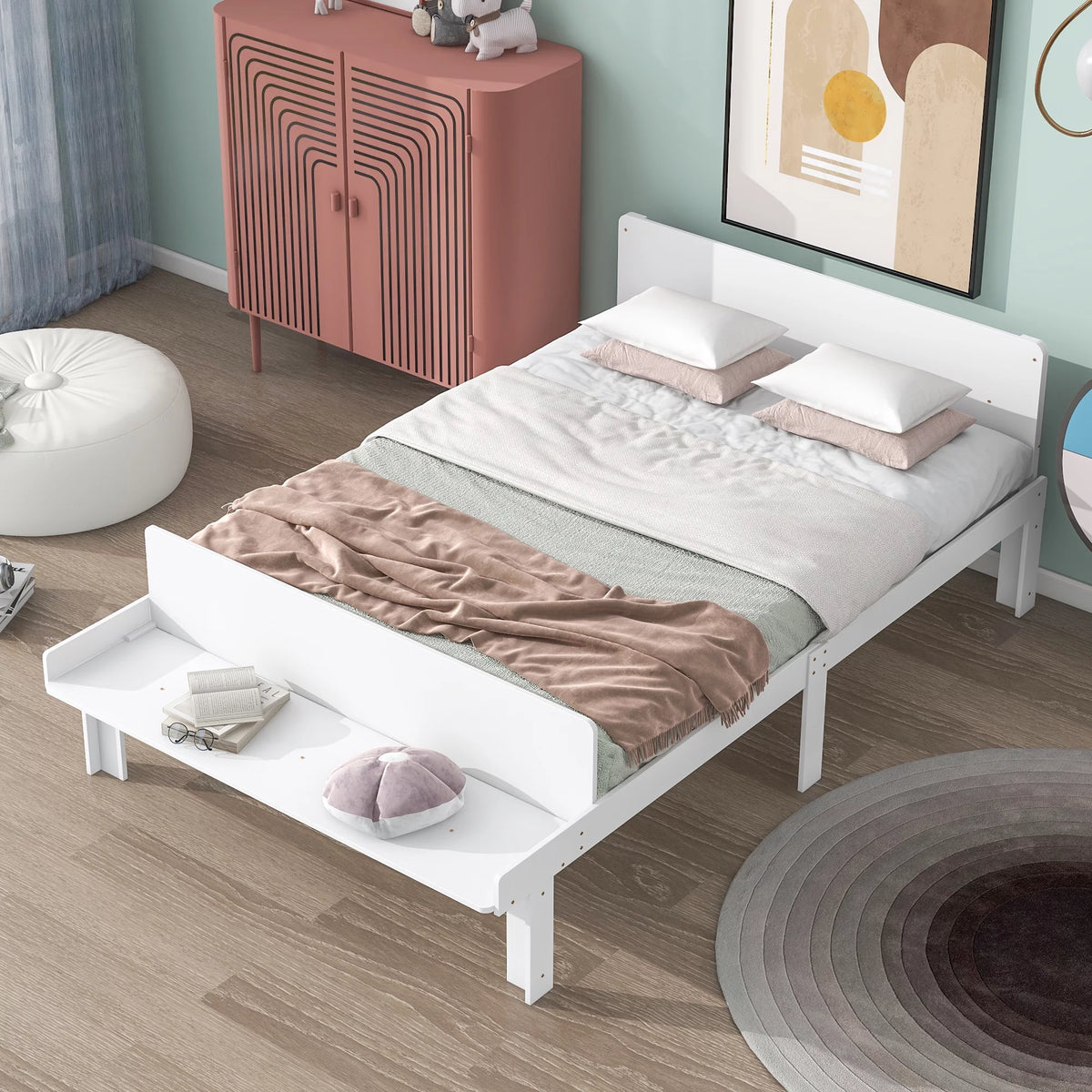 White Wood Platform Bed Frame with Headboard and Footboard Bench O391