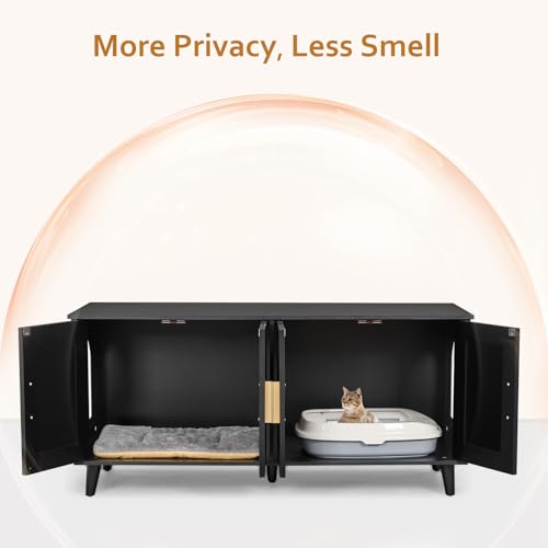 Boho Cat Litter Box Enclosure with Double Rattan Decorated Doors, 47.2"L x 19.7"W x 21.7"H, Natural J296