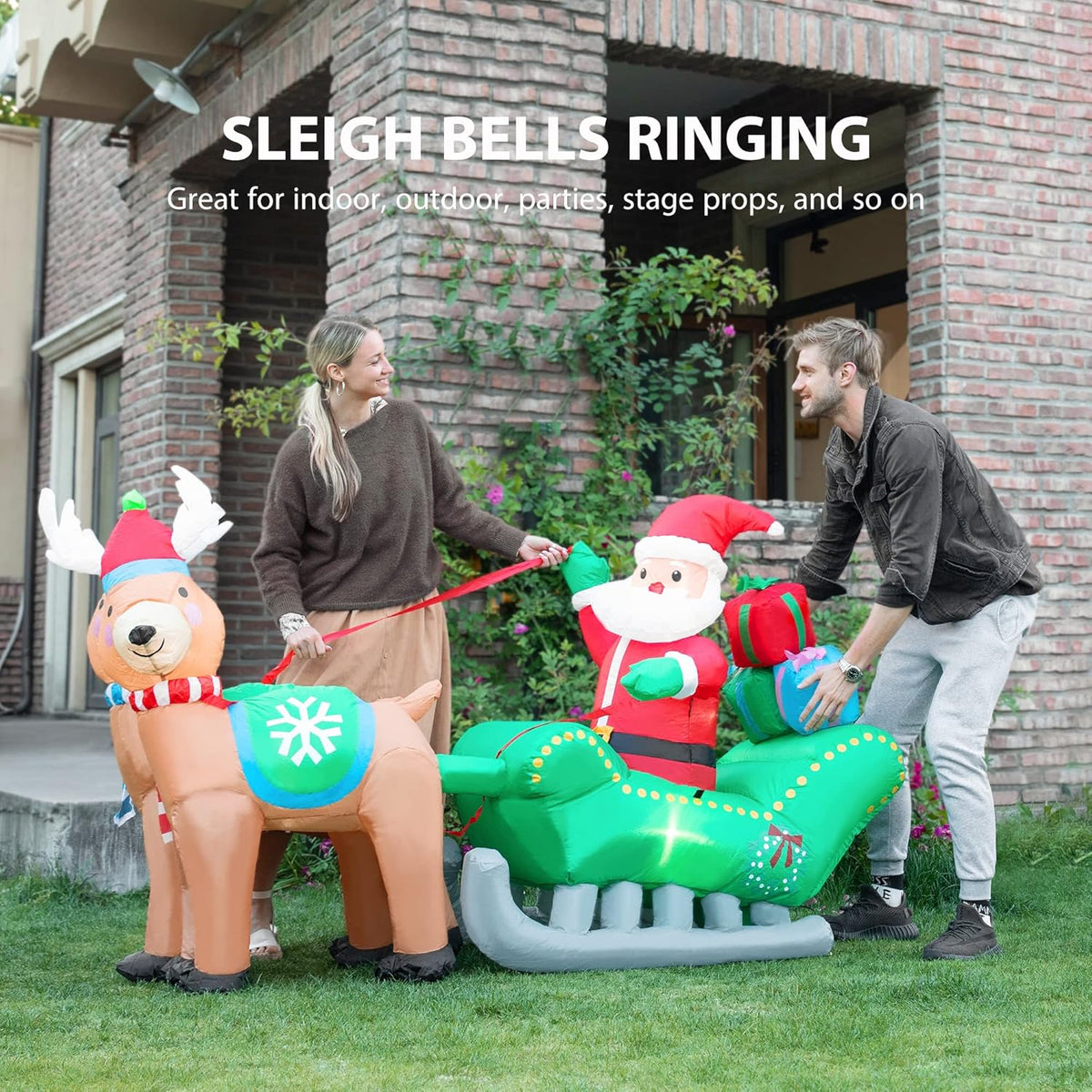 6.9ft Long Christmas Inflatable LED Lighted Santa on Green Sleigh with Reindeers and Gift Boxes Blow up Outdoor Yard Decoration X665