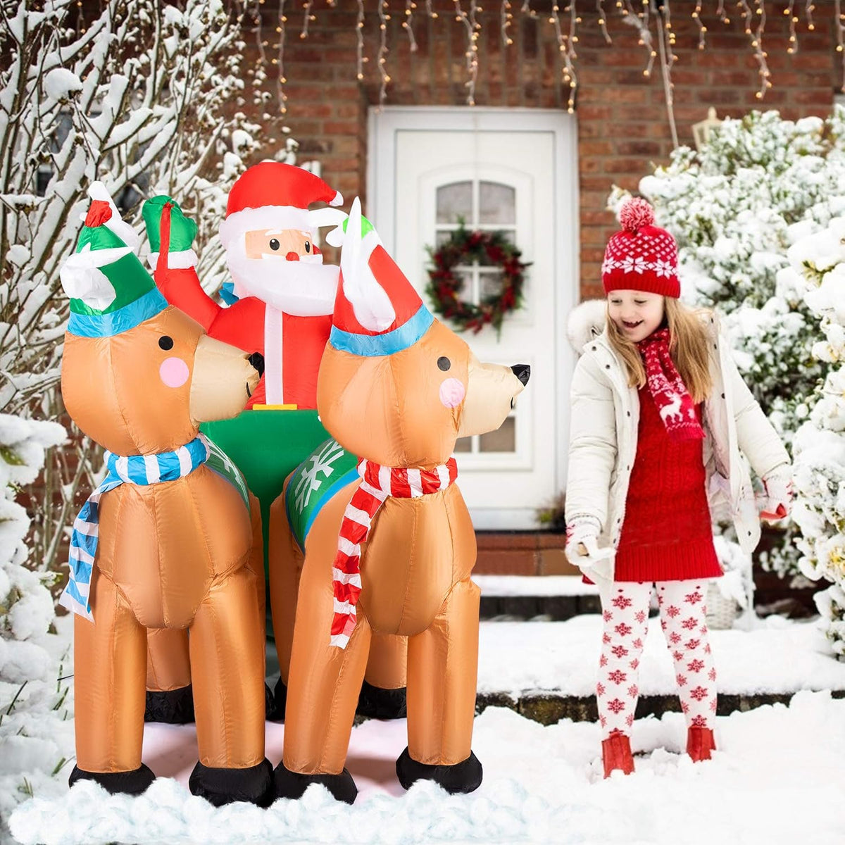 6.9ft Long Christmas Inflatable LED Lighted Santa on Green Sleigh with Reindeers and Gift Boxes Blow up Outdoor Yard Decoration X665