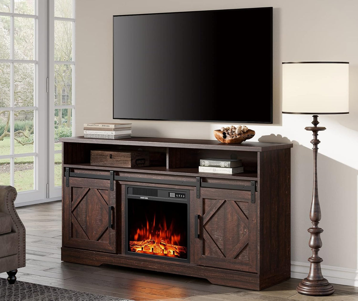 Farmhouse Sliding Barn Door TV Stand for TVs Up to 65 inch, Rustic Brown F30282