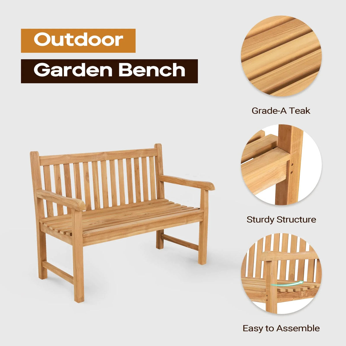 Teak Wooden Outdoor Garden Bench with Armrest H664209