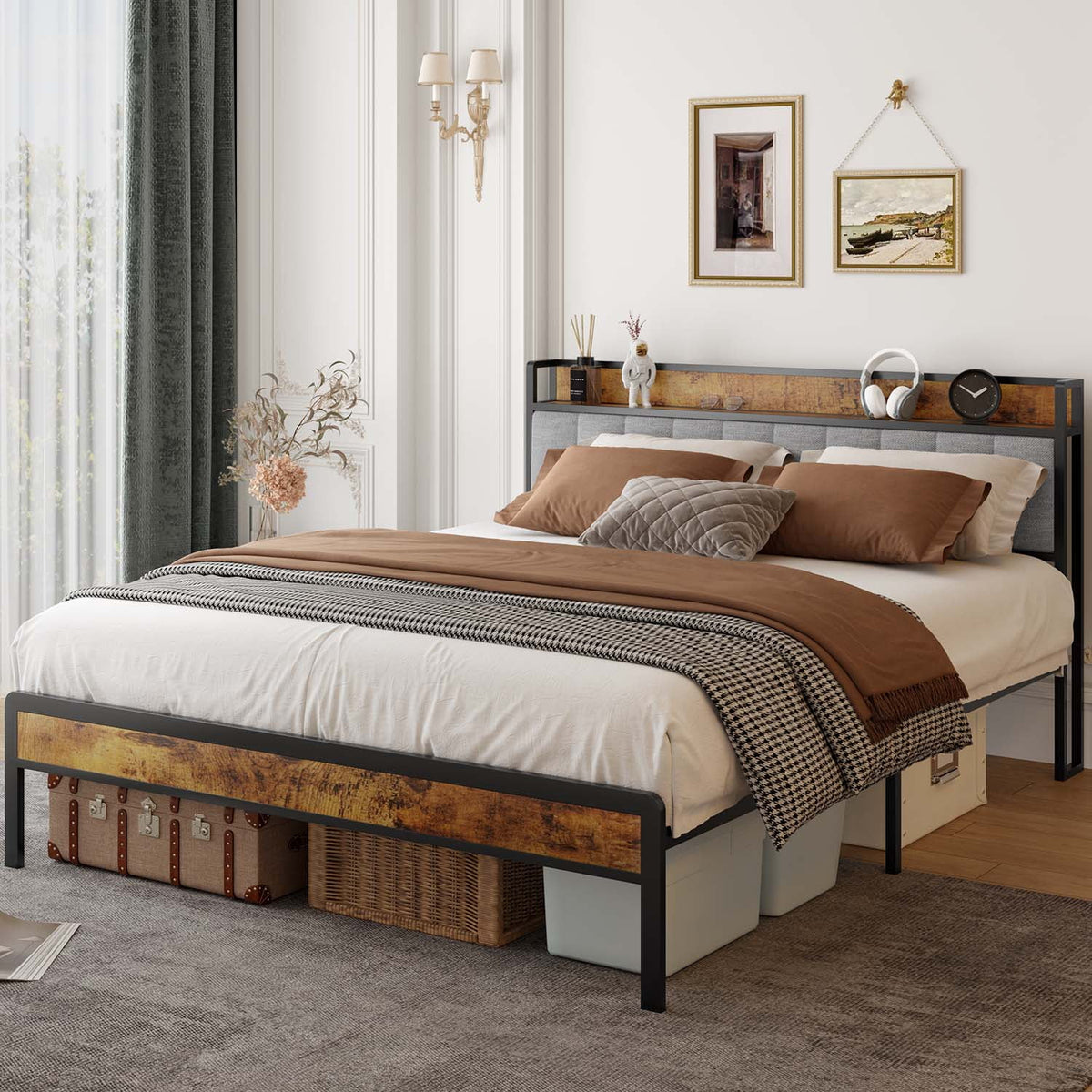 Queen Storage Headboard Metal Platform Bed Frame Y974069
