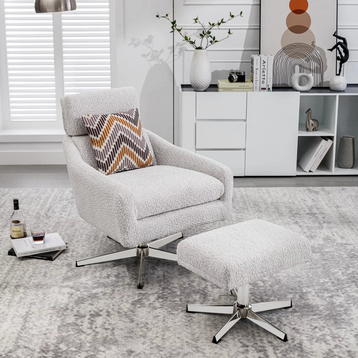 Beige Linen Swivel Armchair with Ottoman H758