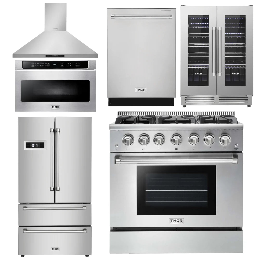 36 Propane Gas Range, Range Hood, Microwave, Refrigerator, Dishwasher, Wine Cooler N423634