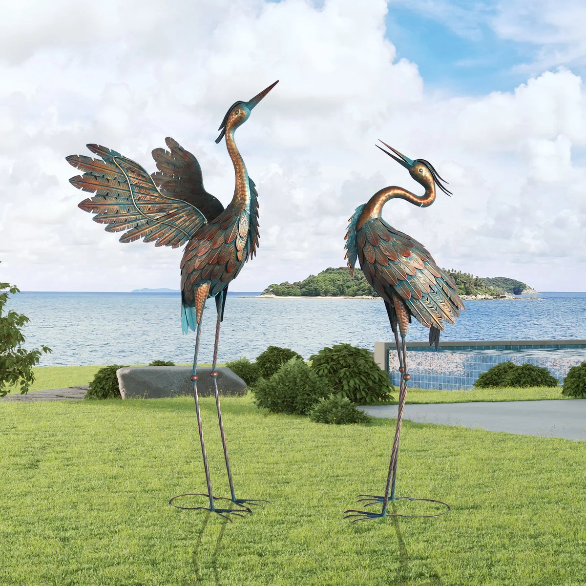 Metal Heron Garden Statues Set of 2 P23322