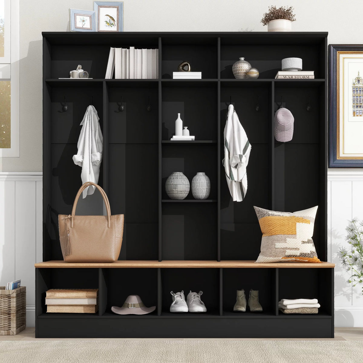 Black Hall Tree with Storage Bench and 8 Hooks H24003