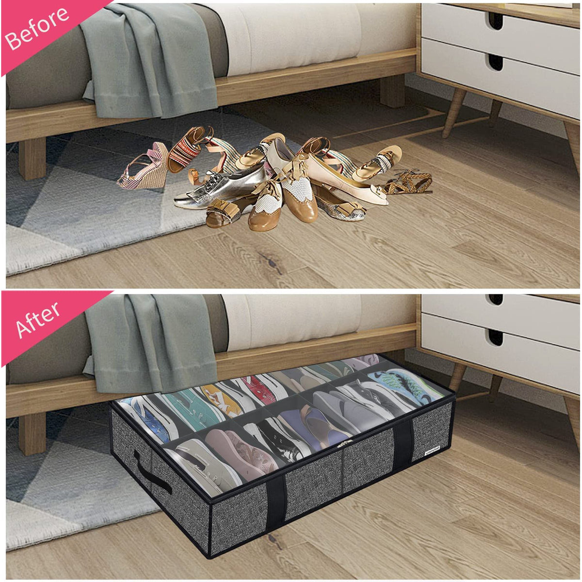 Black Foldable Underbed Shoe Storage Organizer with Clear Window X534