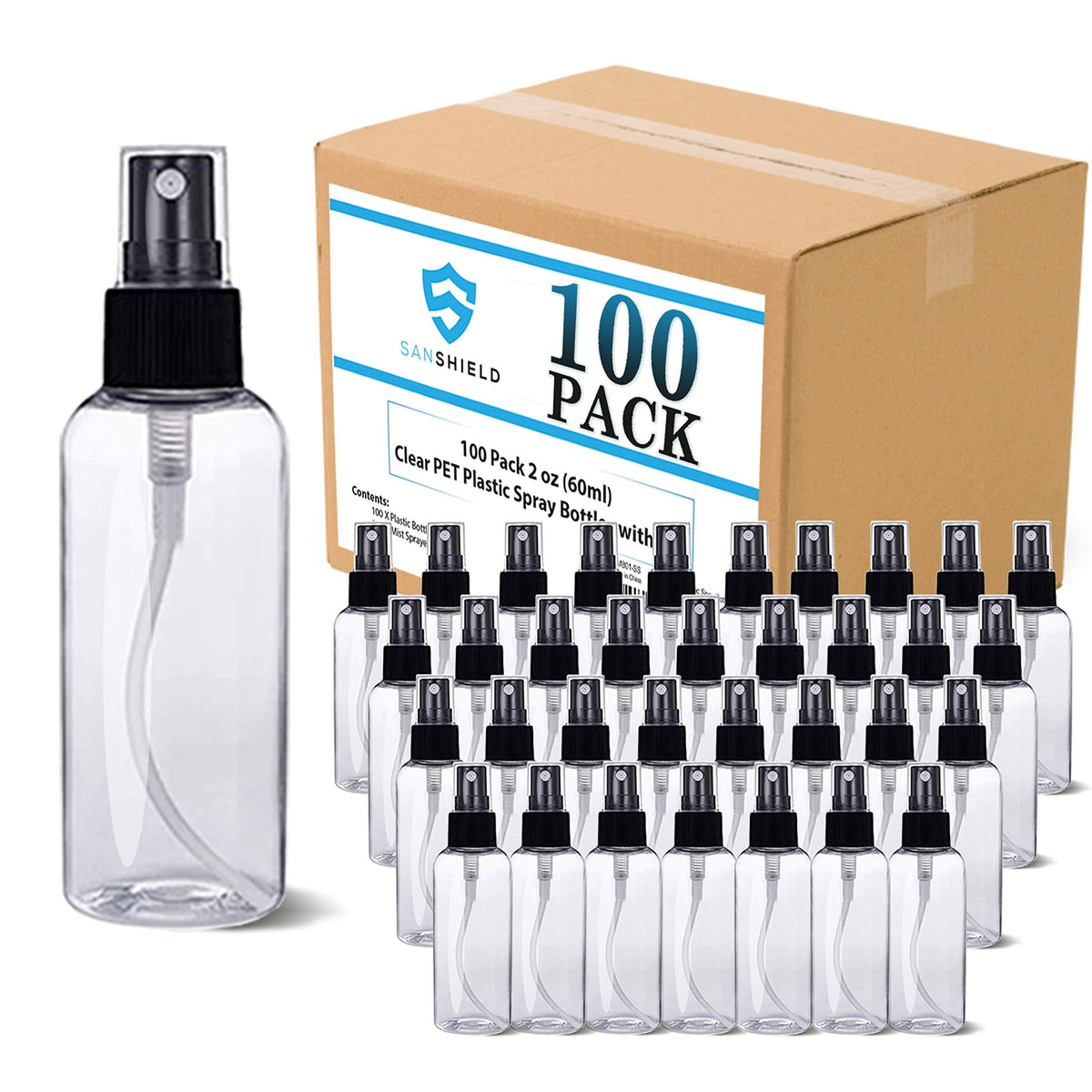 100 Pack 2 oz Clear Pet Plastic Spray Bottles with Cap E42385