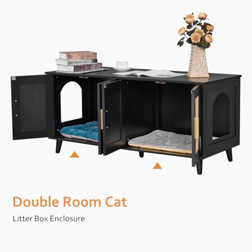 Boho Cat Litter Box Enclosure with Double Rattan Decorated Doors, 47.2"L x 19.7"W x 21.7"H, Natural J296