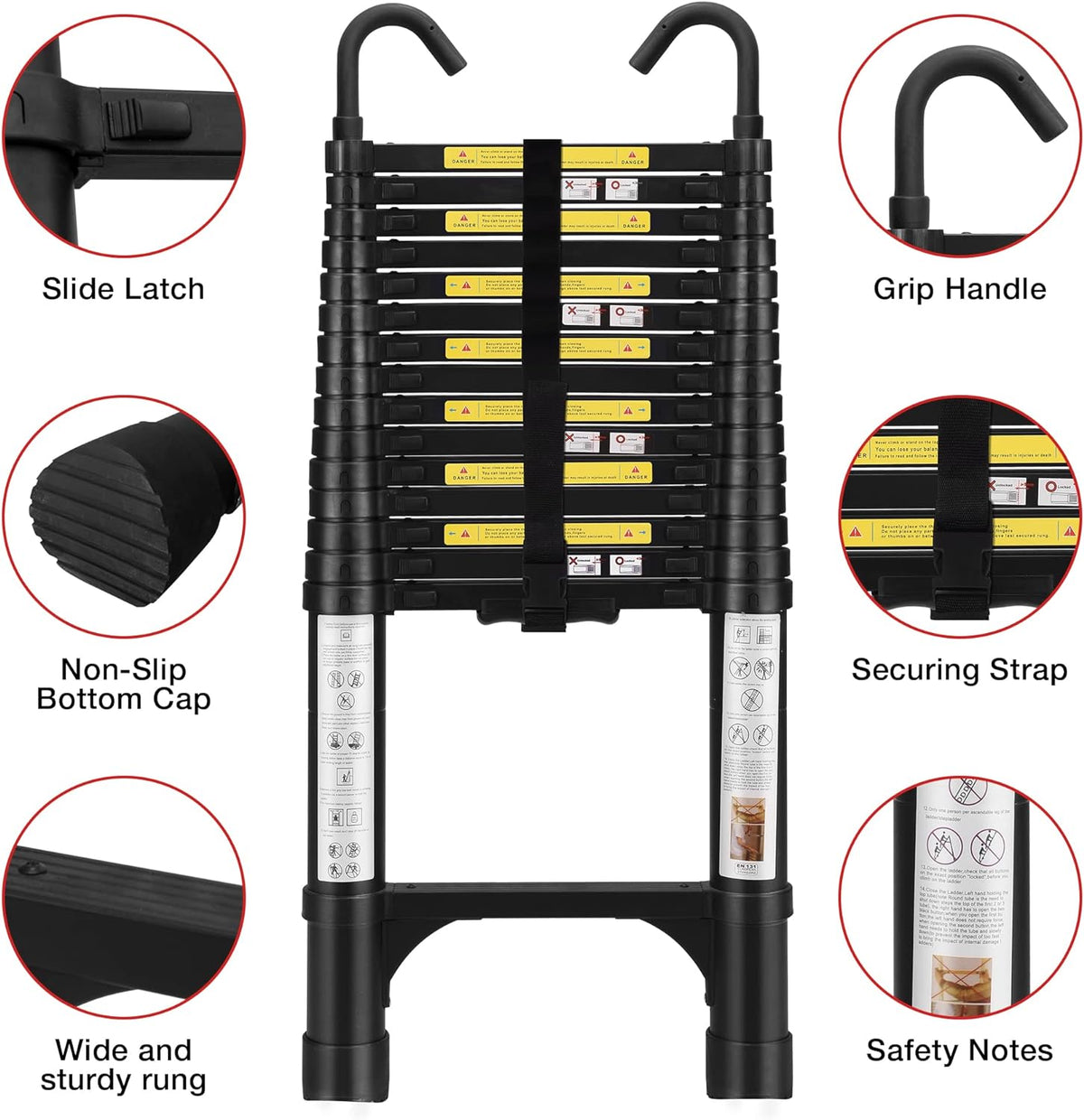 Telescoping Ladder 10.5 FT Aluminum with 2 Detachable Roof Hooks and 2 Triangle Stabilizers C43189