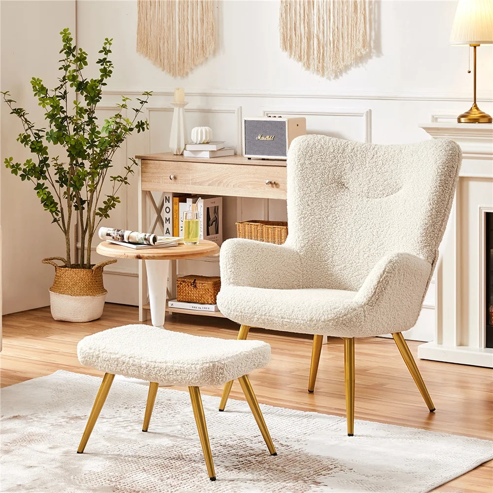 Ivory Boucle Accent Chair and Ottoman Set with Golden Metal Legs P99491