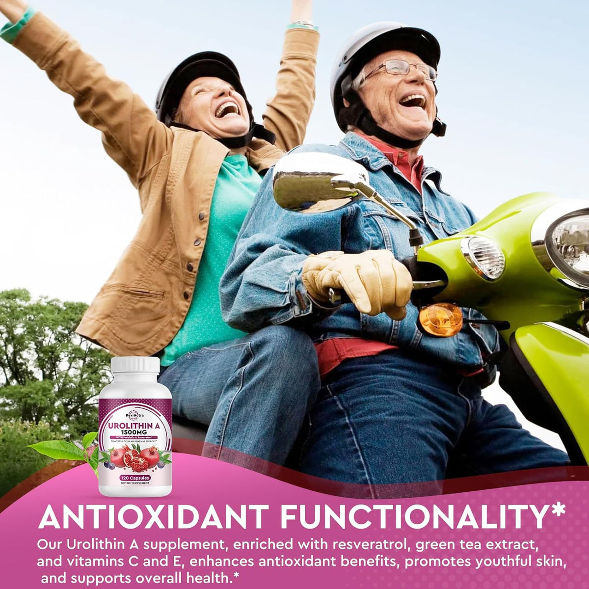 Urolithin A Supplement 1000 mg with Resveratrol, Pomegranate Extract, Green Tea, Vitamin C, E, 120 Capsules K332