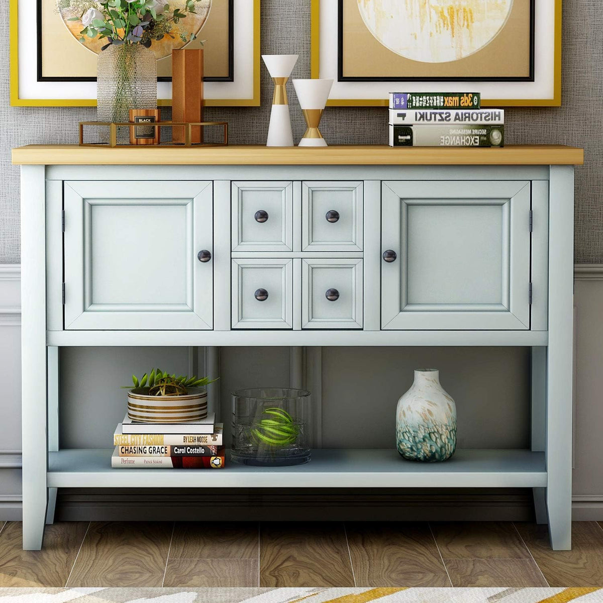 Navy Blue Solid Wood Console Table with 3 Drawers, 2 Cabinet, 1 Shelf Y678