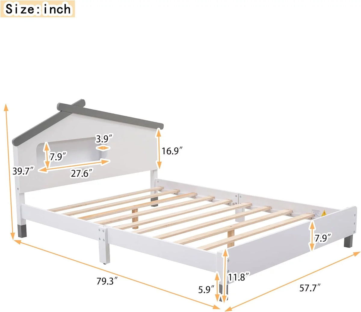 Full Size Wood Platform Bed Frame with House-Shaped Headboard and Night Lights T7641