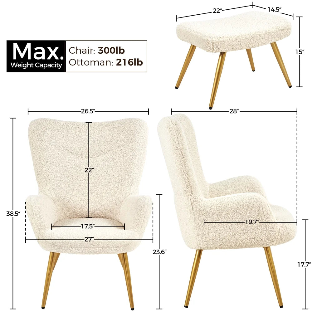 Ivory Boucle Accent Chair and Ottoman Set with Golden Metal Legs P99491