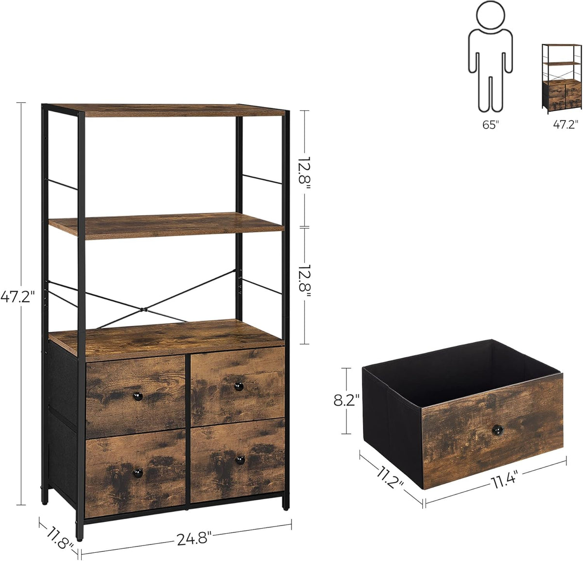Rustic Storage Cabinet with Shelves and Fabric Drawers I1650