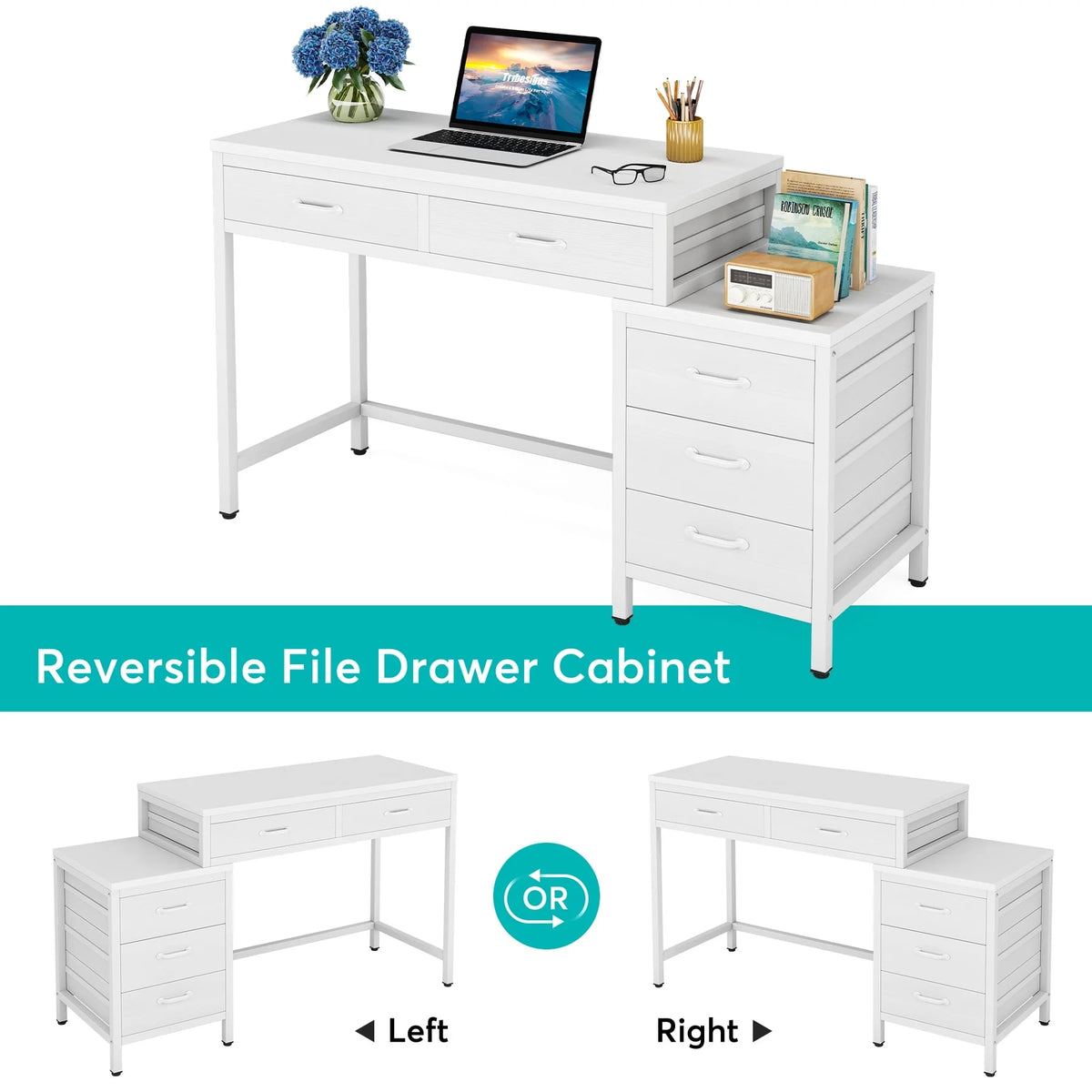 White 5 Drawers Computer Desk with Reversible Filing Cabinet S5602