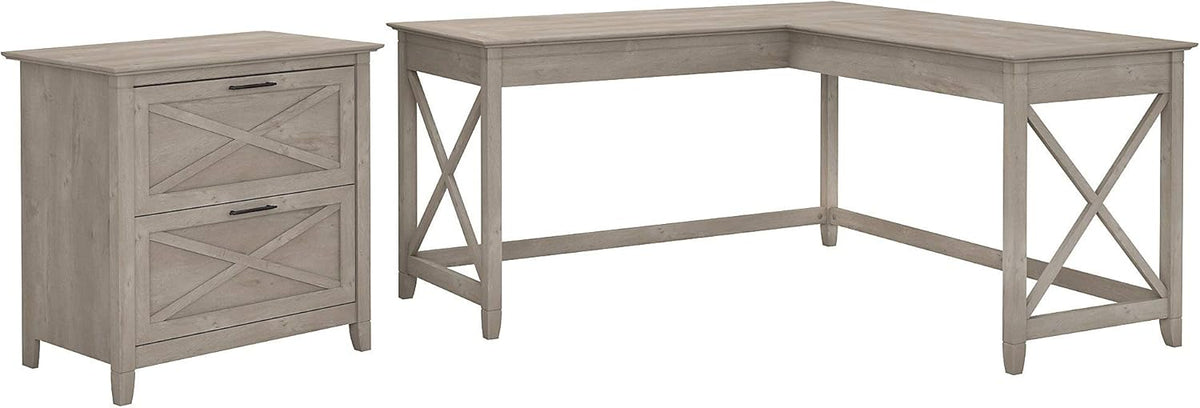 60W L Shaped Desk with Lateral File Cabinet in Washed Gray L299654