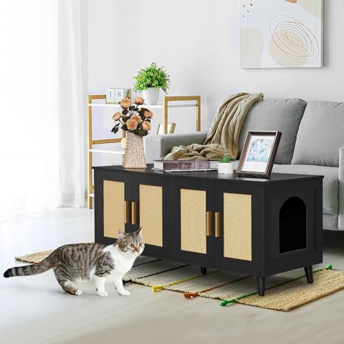 Boho Cat Litter Box Enclosure with Double Rattan Decorated Doors, 47.2"L x 19.7"W x 21.7"H, Natural J296