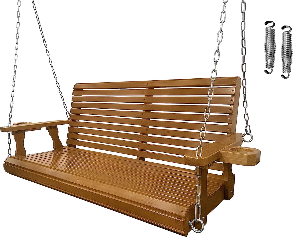 Brown 2 Seater Wooden Porch Swing with Cupholders D308