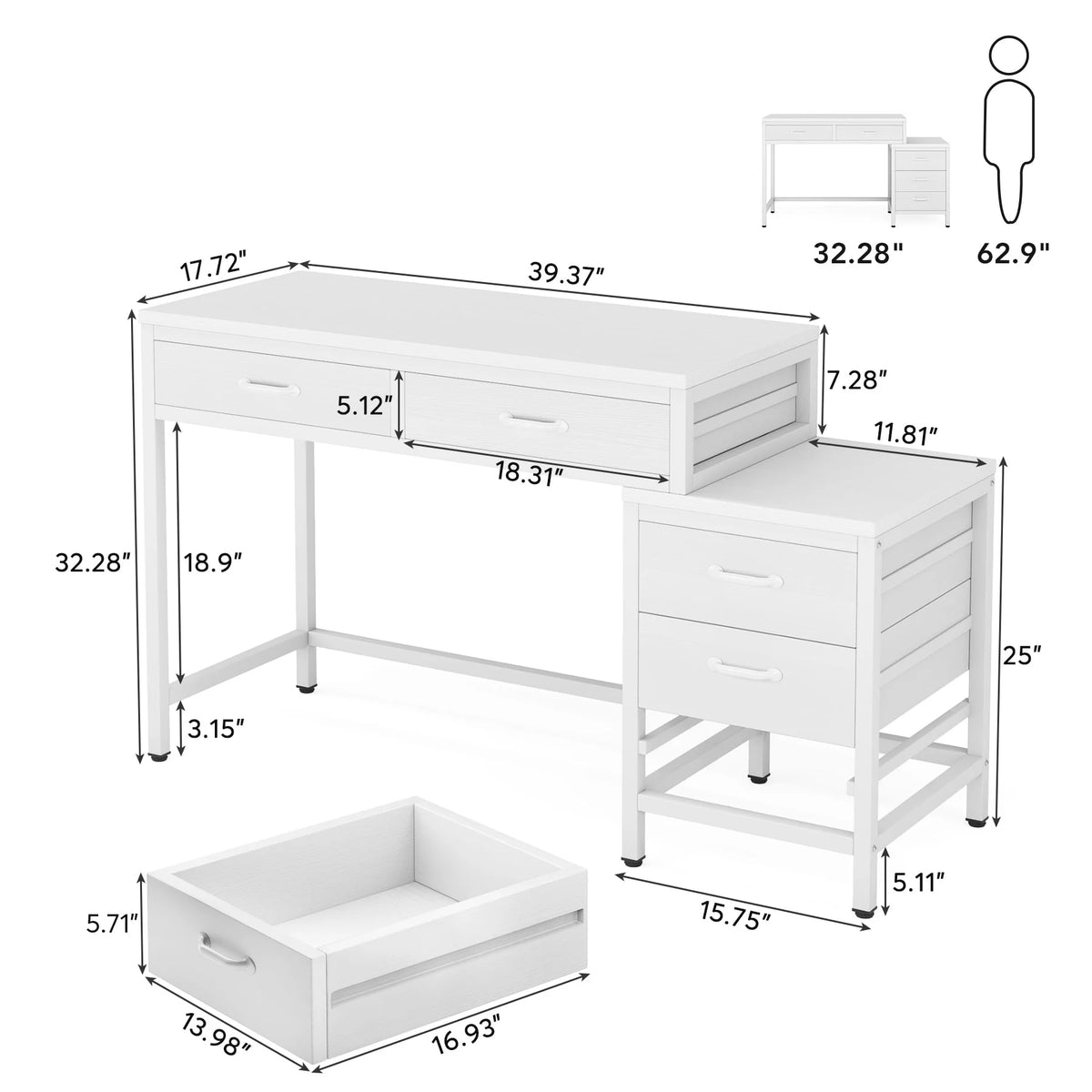 White 5 Drawers Computer Desk with Reversible Filing Cabinet S5602