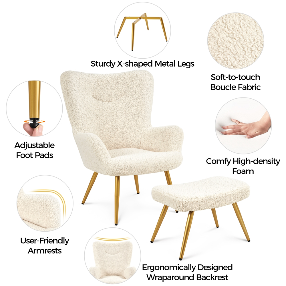 Ivory Boucle Accent Chair and Ottoman Set with Golden Metal Legs P99491