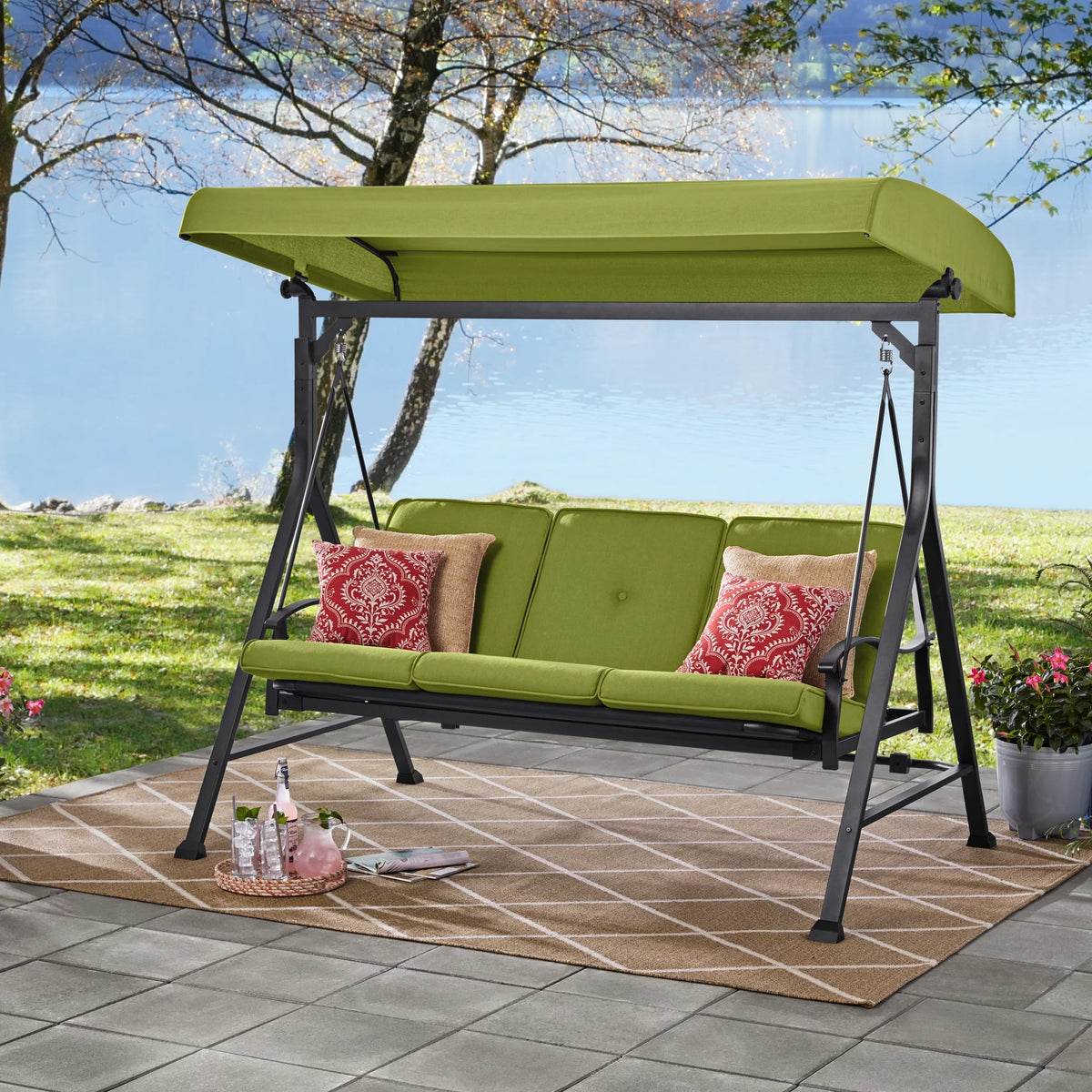 Beige 3 Person Steel Outdoor Swing with Canopy Y432612