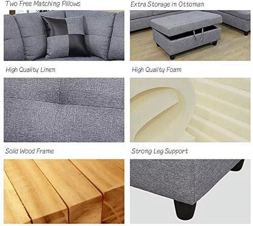 3-Piece L-Shaped Sectional Sofa with Chaise Storage Ottoman and Pillows F994703