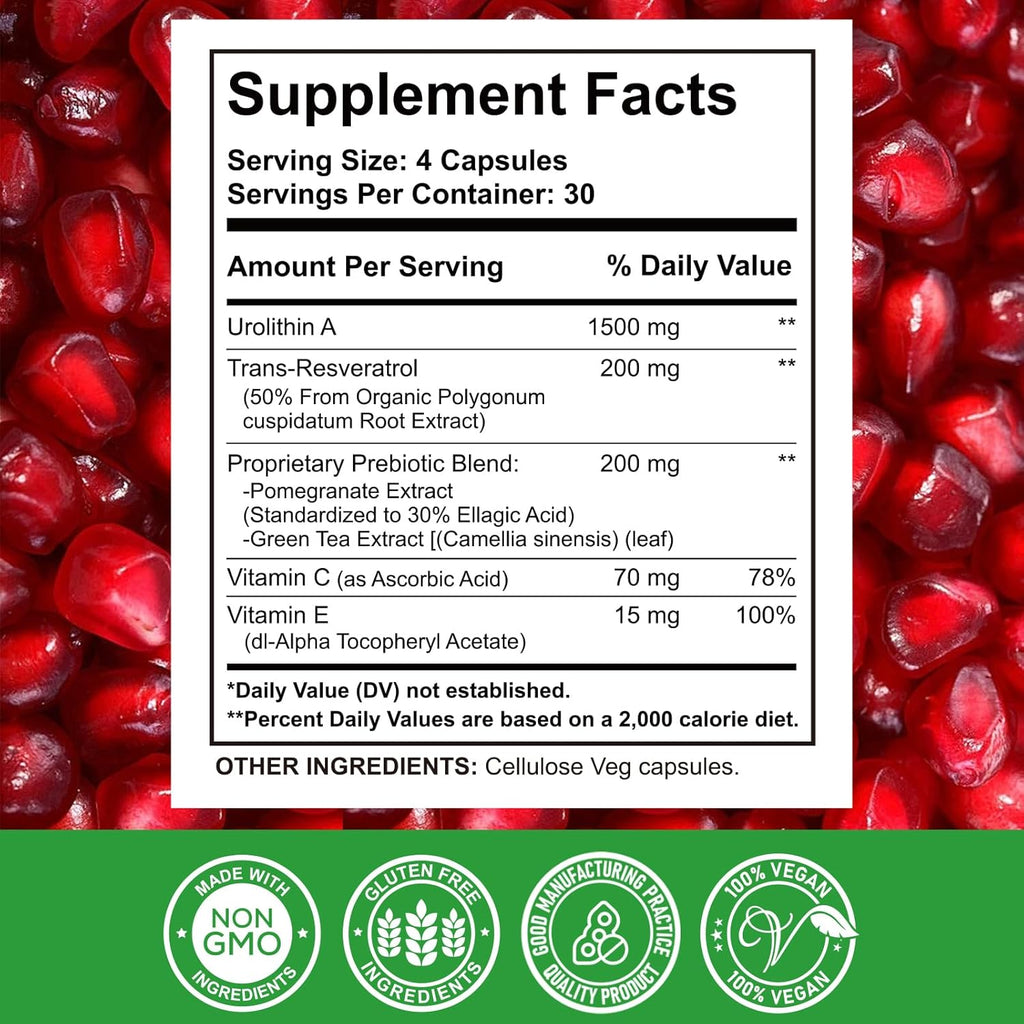 Urolithin A Supplement 1000 mg with Resveratrol, Pomegranate Extract, Green Tea, Vitamin C, E, 120 Capsules K332
