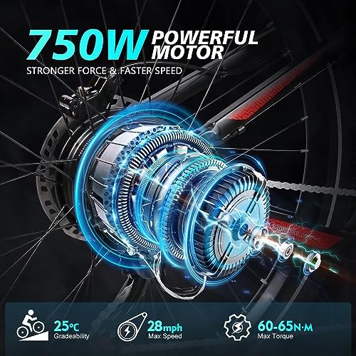 Electric Bike 750W 28MPH Full Suspension 26 inch Ebike 48V 14Ah Battery 7 Speed Electric Bicycle with LCD Color Display F2592