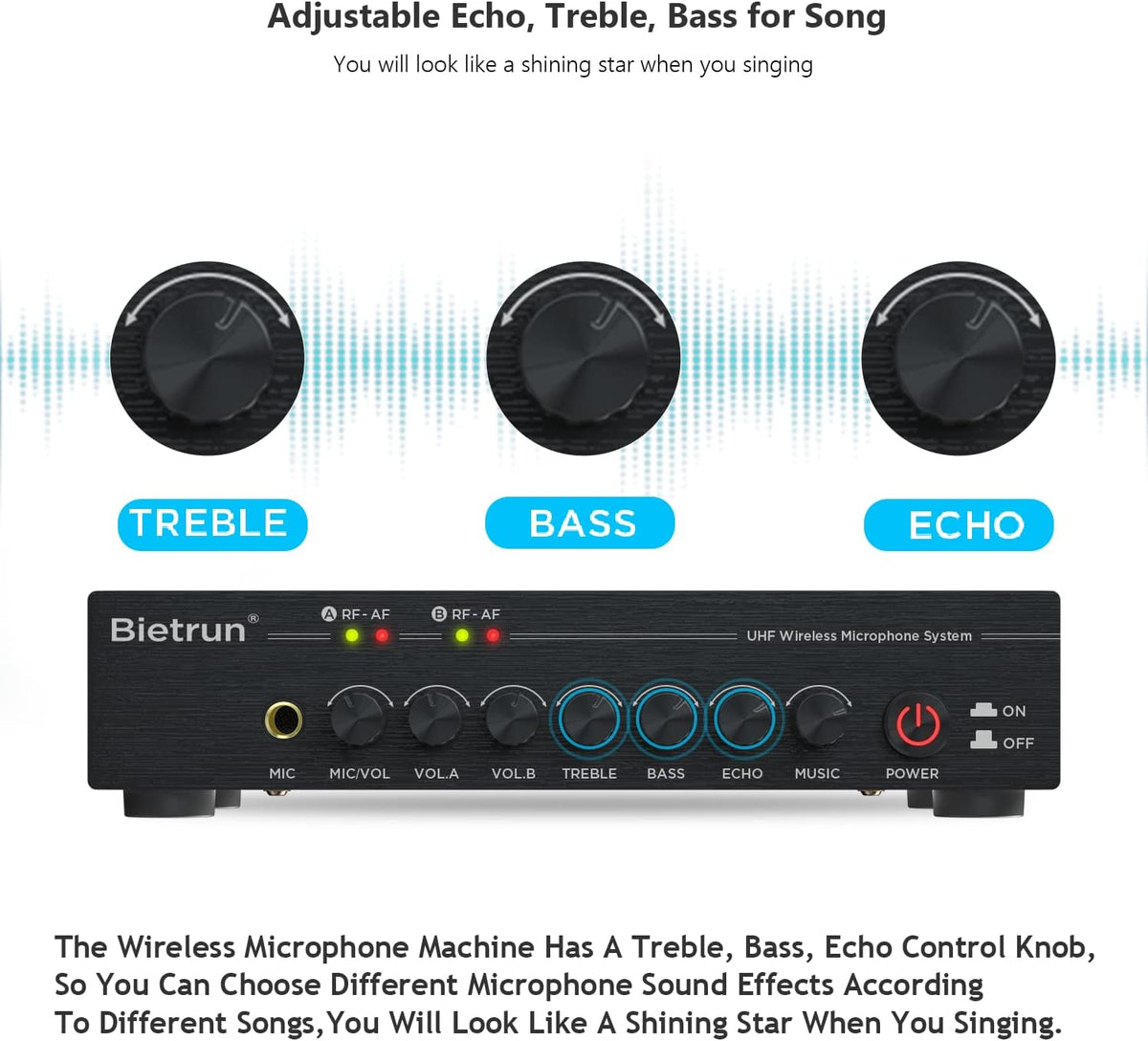 UHF Dual Channel Wireless Microphones with Bluetooth, Metal Cordless Handheld Dynamic Mics C256708