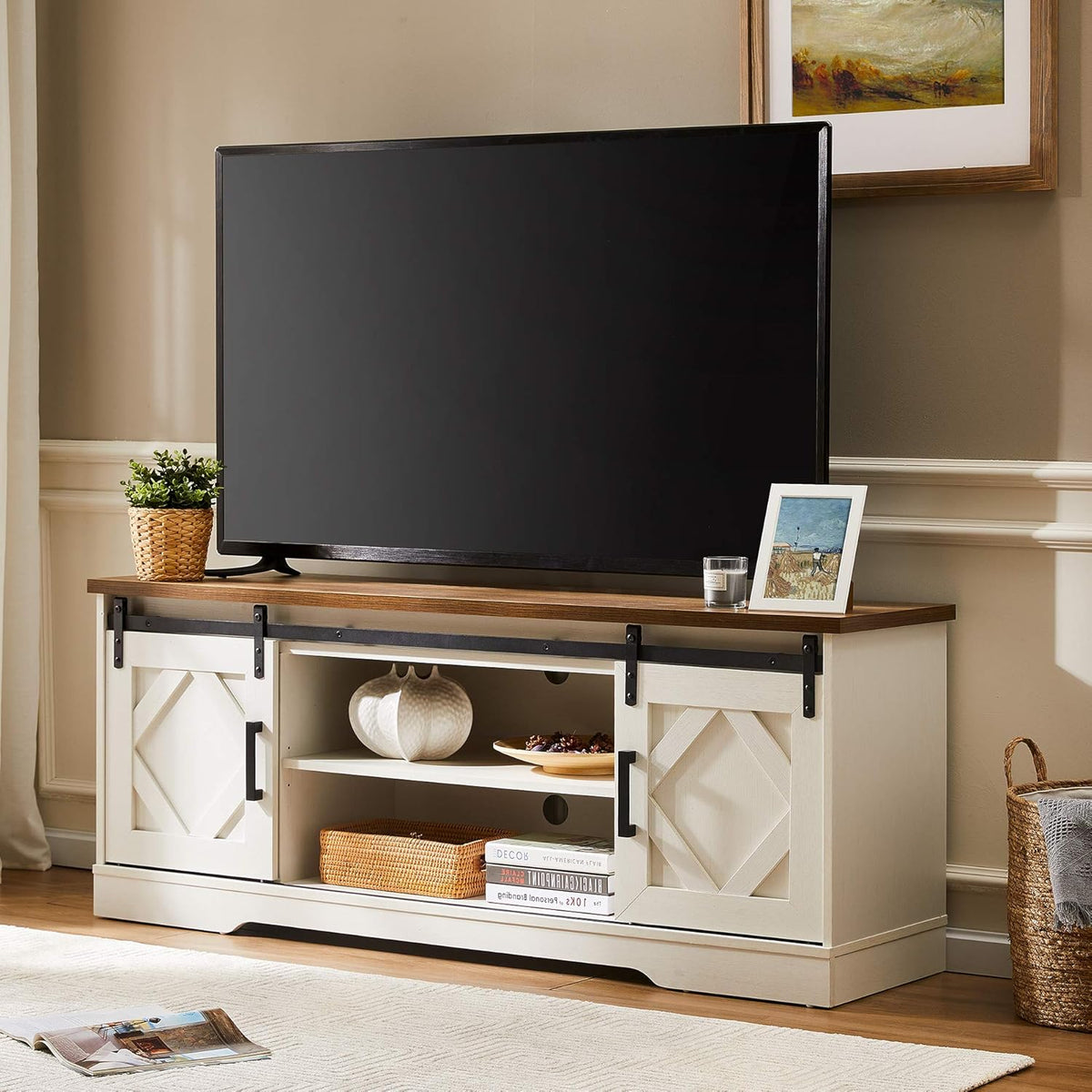 Farmhouse Sliding Barn Door TV Stand for TVs Up to 65 inch, Rustic Brown F30282