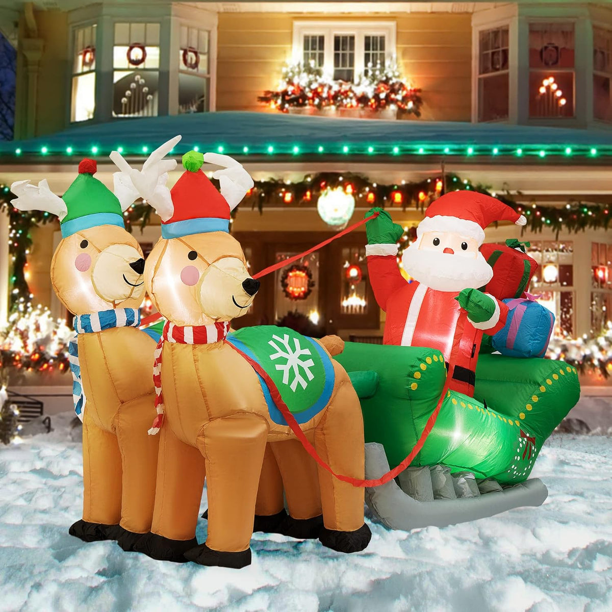 6.9ft Long Christmas Inflatable LED Lighted Santa on Green Sleigh with Reindeers and Gift Boxes Blow up Outdoor Yard Decoration X665
