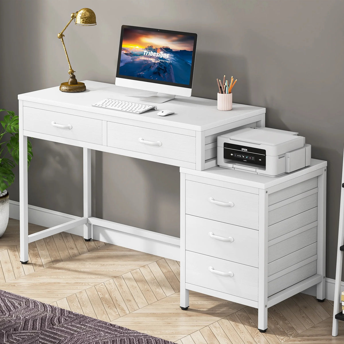 White 5 Drawers Computer Desk with Reversible Filing Cabinet S5602