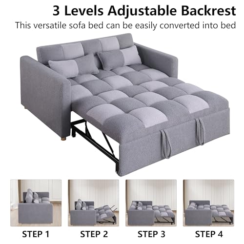 Brown Teddy Fabric Pull Out Sleeper Sofa with Adjustable Backrest and Pillows E603