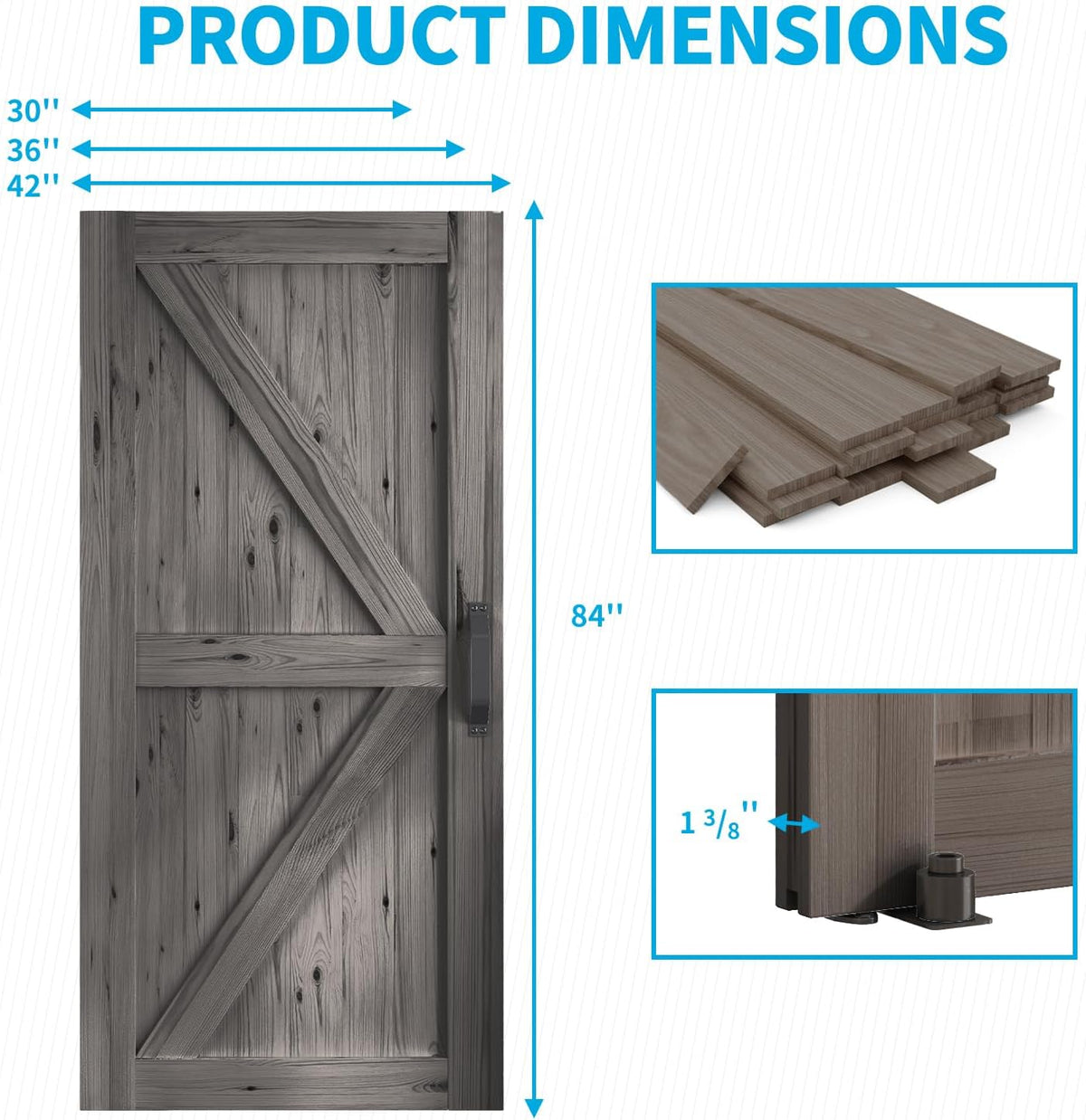 30In x 84In Sliding Barn Door with 5FT Barn Door Hardware Kit, Brown K6601