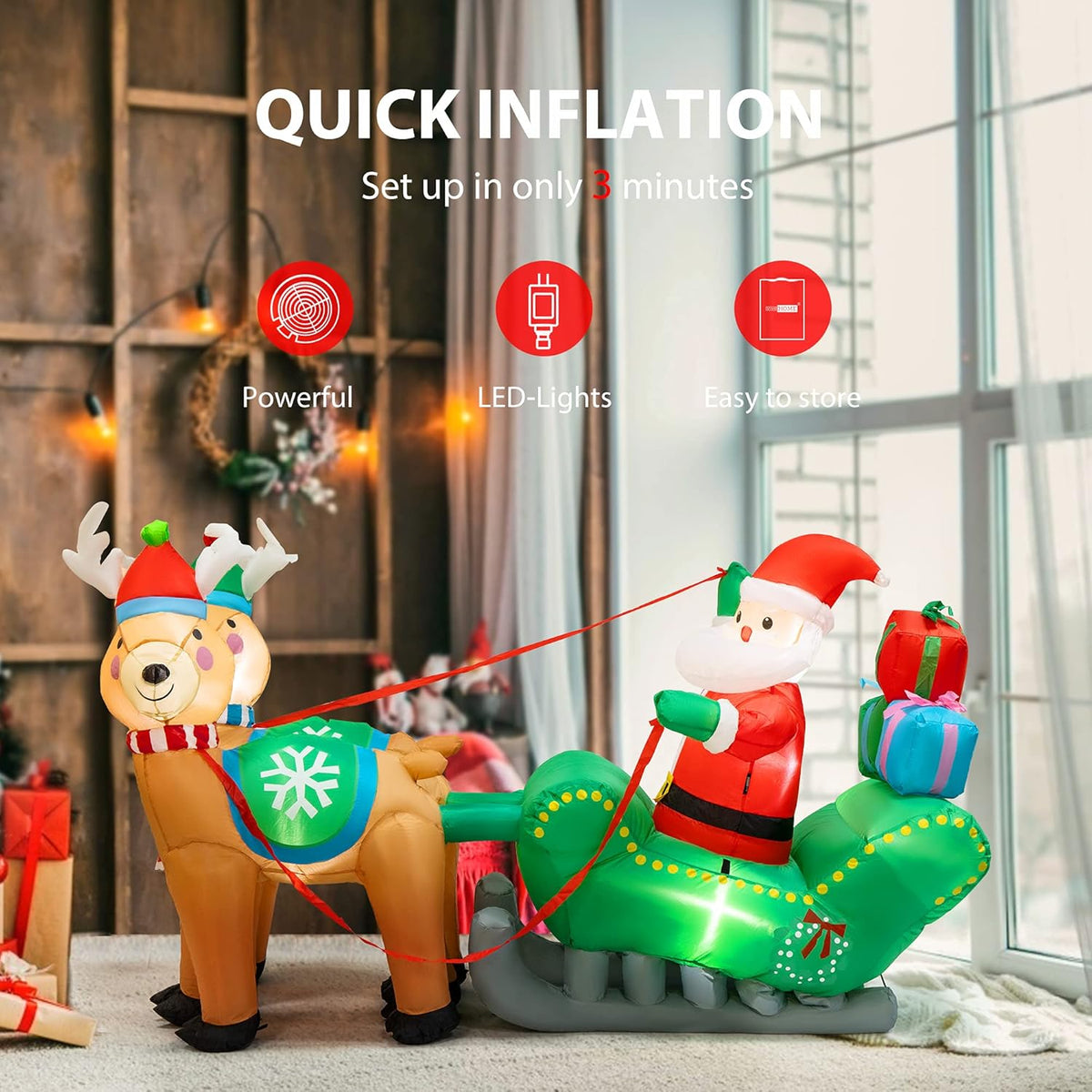 6.9ft Long Christmas Inflatable LED Lighted Santa on Green Sleigh with Reindeers and Gift Boxes Blow up Outdoor Yard Decoration X665