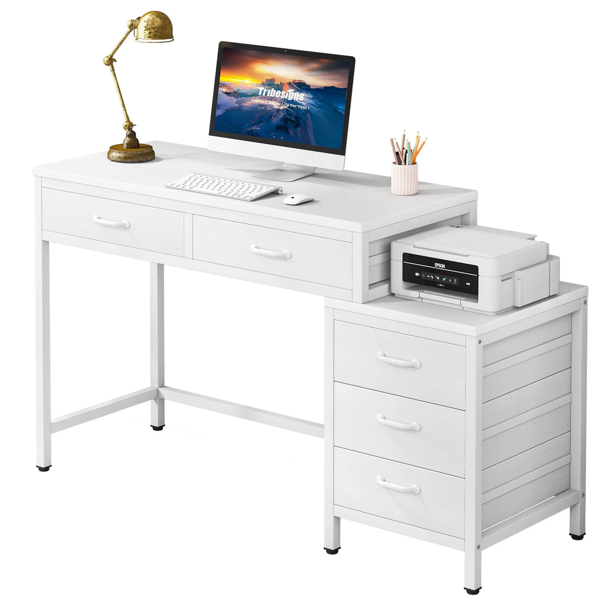 White 5 Drawers Computer Desk with Reversible Filing Cabinet S5602