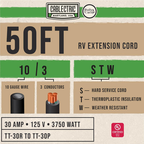 30 Amp 10/3 50 Ft RV Extension Cord, TT-30R to TT-30P, 125v, Green and Black M4814
