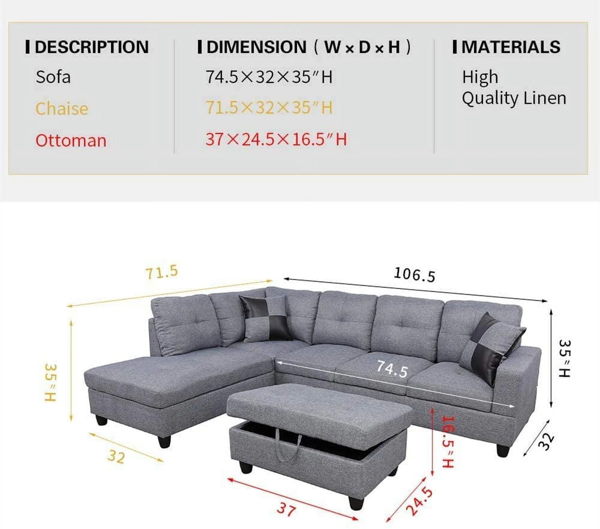 3-Piece L-Shaped Sectional Sofa with Chaise Storage Ottoman and Pillows F994703