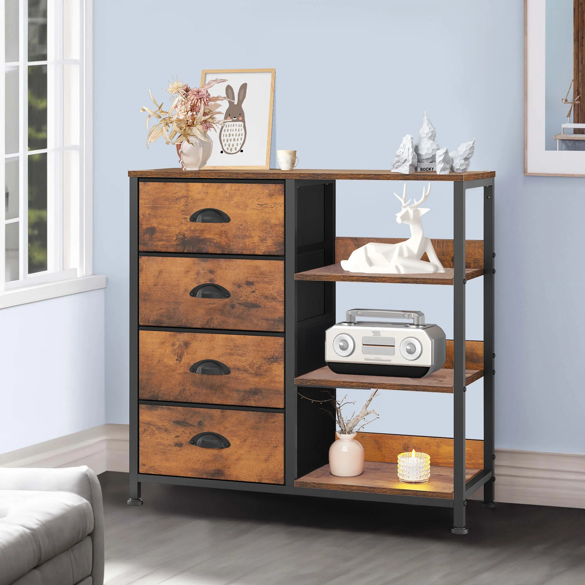 4 Drawer Fabric Dresser with Side Shelf K460303