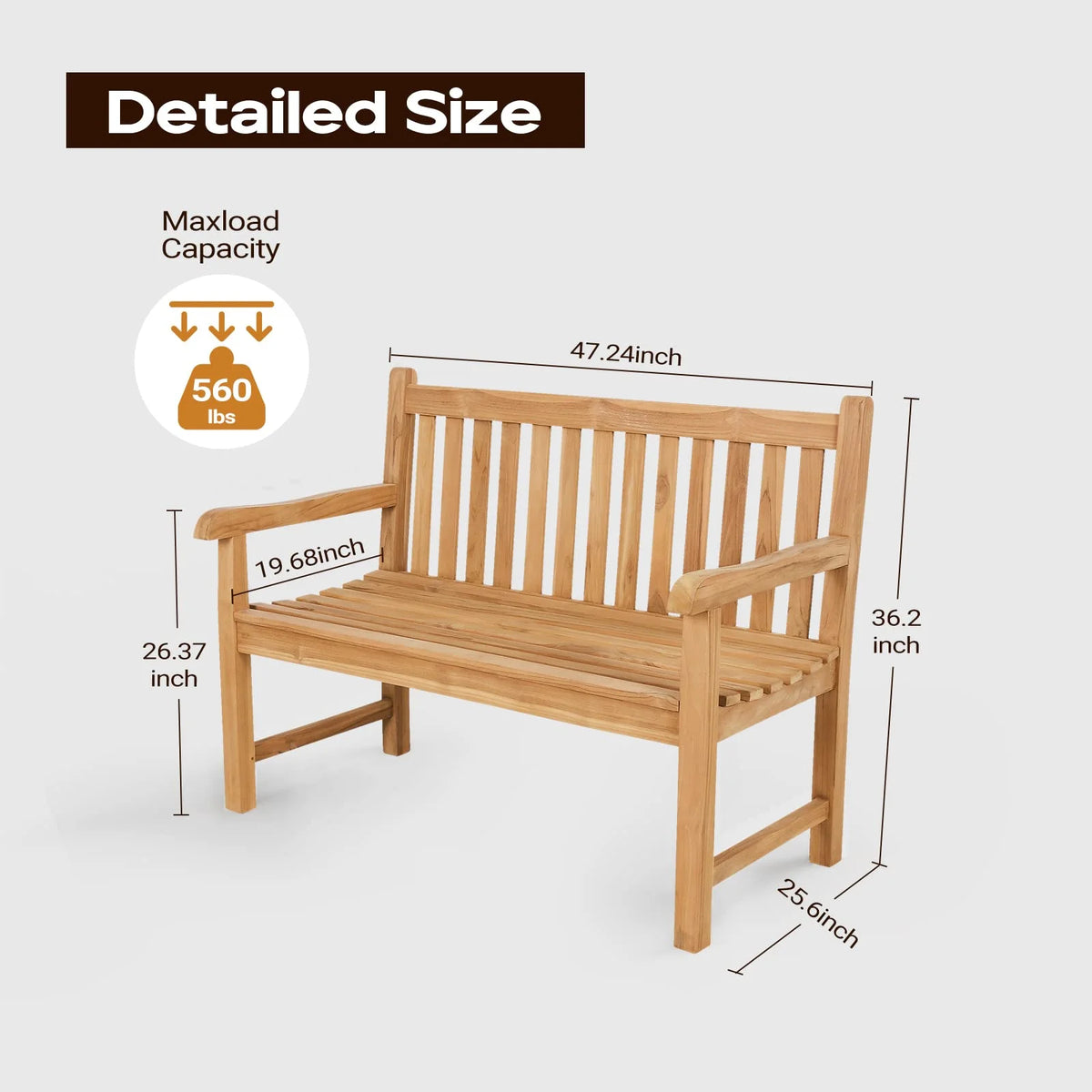 Teak Wooden Outdoor Garden Bench with Armrest H664209