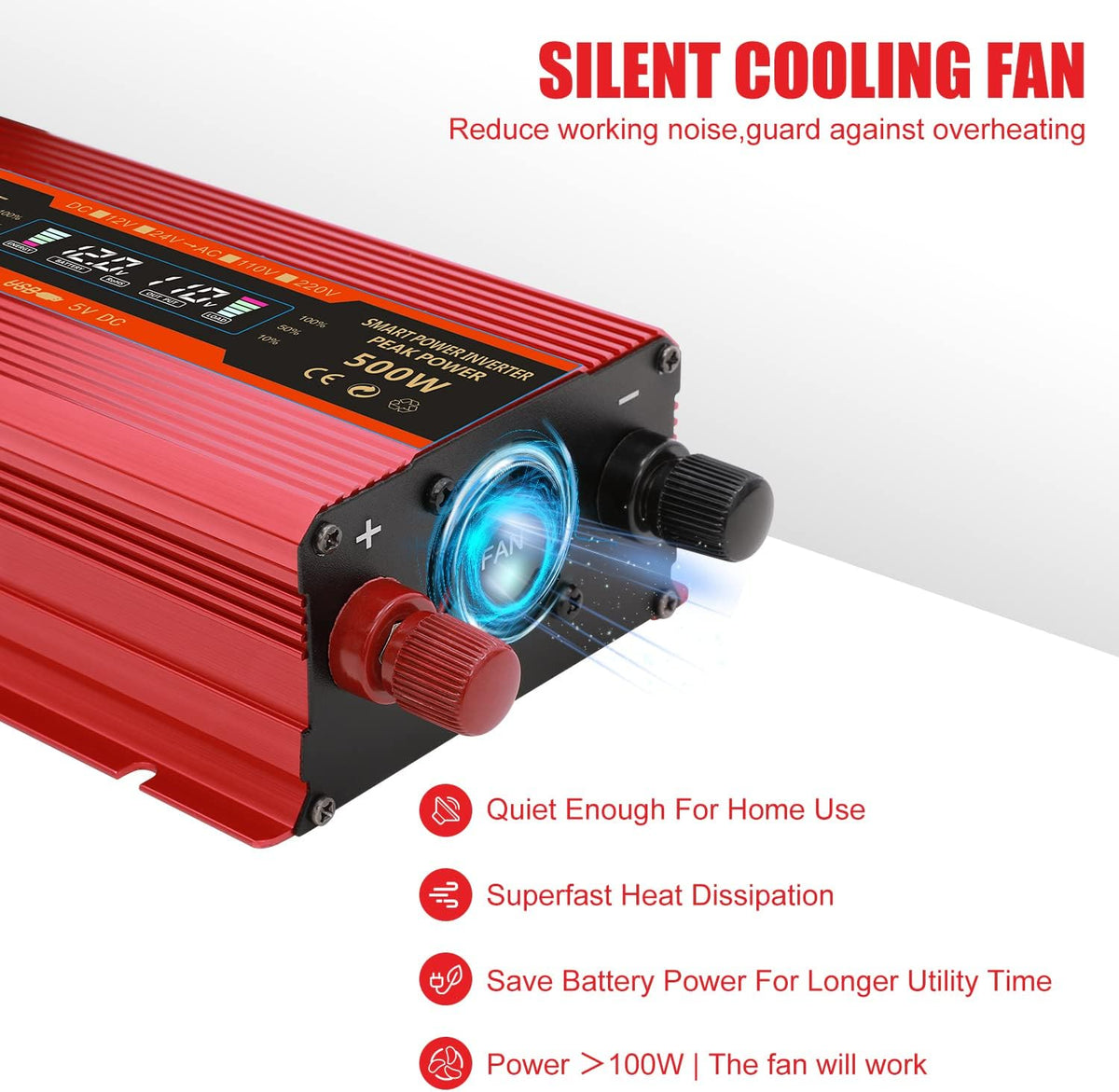 500W Power Inverter DC 12V to 110V AC Car Inverter with Alligator Battery Clamp, LCD Display, Dual AC Outlets & 2.0A USB Ports S545