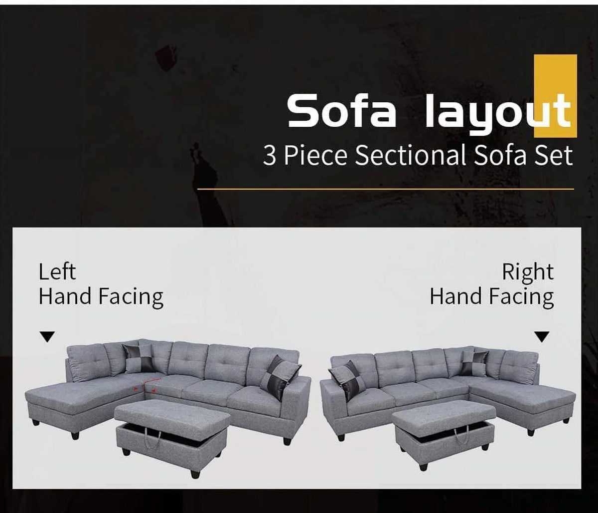 3-Piece L-Shaped Sectional Sofa with Chaise Storage Ottoman and Pillows F994703