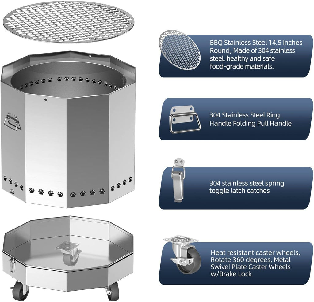304 Stainless Steel Bonfire Fire Pit & Campfire Grill, Portable, 15.75x17.95 Inches G7611