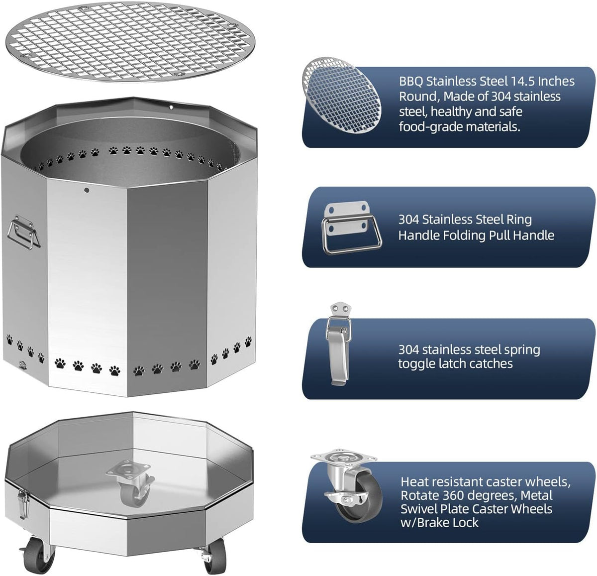 304 Stainless Steel Bonfire Fire Pit & Campfire Grill, Portable, 15.75x17.95 Inches G7611