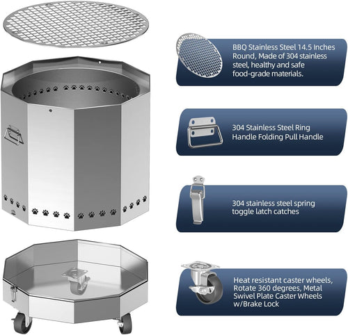 304 Stainless Steel Bonfire Fire Pit & Campfire Grill, Portable, 15.75x17.95 Inches G7611